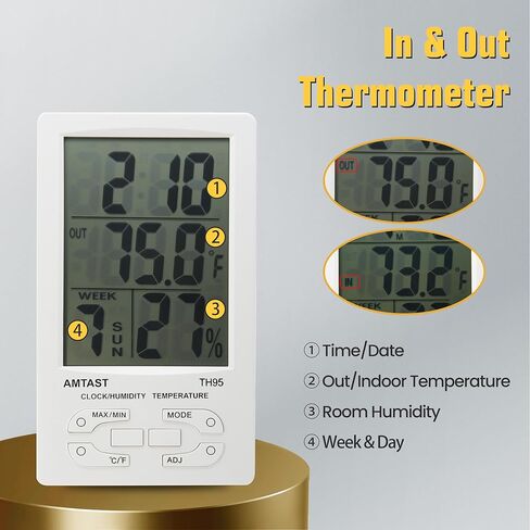 AMTAST Digital Indoor Outdoor Thermometer, Room Hygrometer Gauge, Indoor Humidity Test Meter, Temperature Monitor with External Sensor in Kuwait