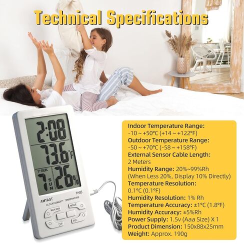 AMTAST Digital Indoor Outdoor Thermometer, Room Hygrometer Gauge, Indoor Humidity Test Meter, Temperature Monitor with External Sensor in Kuwait