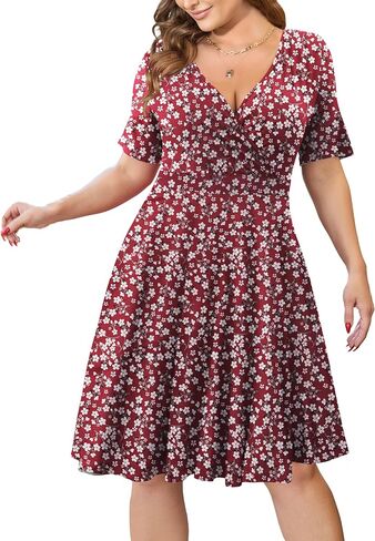 Ahlaray Womens Plus Size Dresses Short Sleeve Faux Wrap Causal Swing Dress with Pockets, L-4XL in Saudi Arabia