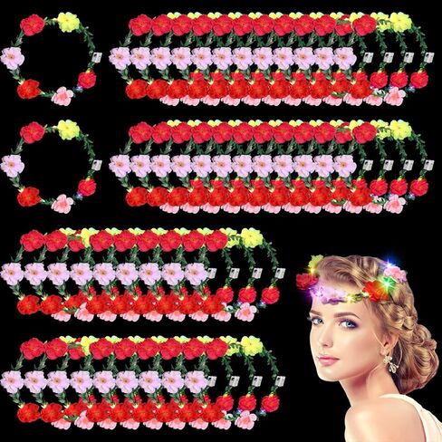 50 Pcs LED Flower Crown Headband Light Up Fairy Flower Hair Jewelry Multi-color Floral Headpiece Wreath Headdress Hair Wreath for Women Girl Hair Styling Wedding Birthday Party Holiday (Rose) in Saudi Arabia
