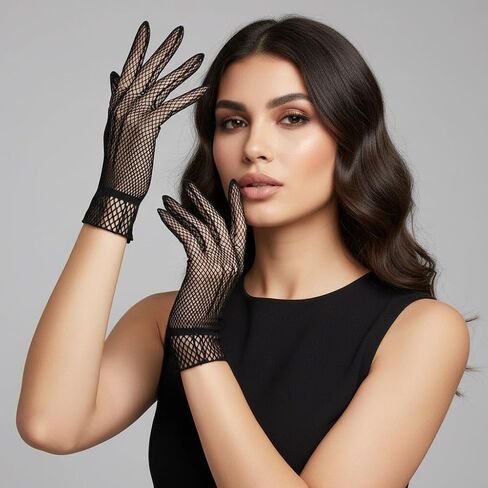 Yikisdy الزفاف شبكة صيد السمك قفازات العروس الدانتيل قفازات قصيرة أوبرا 20s اكسسوارات الحفلات للنساء والفتيات in Kuwait