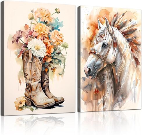 Eysintum Western Canvas Wall Art Set of 2 Rustic Farmhouse Decor Vintage Cowgirl Boots and Horse Prints Country Animal Wall Art for Bedroom Living Room 12x16in Ready to Hang in Saudi Arabia