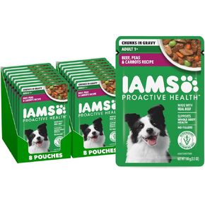 طعام الكلاب الرطبة الصحية الاستباقية من IAMS، وصفة لحم البقر والبازلاء والجزر، 3.5 أونصة. الحقيبة (16 قطعة، عبوة من قطعة واحدة) in Kuwait