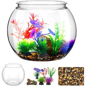 1 Gallon Plastic Betta Fish Bowl with 6 Pcs Artificial Plastic Plants and 500g Decorative Gravel, Betta Fish Tank and Decoration Accessories Small Large Bowl Ornaments Starter Kit in Kuwait