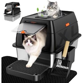 XL Enclosed Stainless Steel Litter Box with Lid,Black in Kuwait
