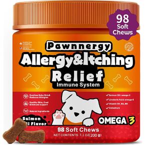 Dog Allergy & Itch Relief Chews - Salmon Oil Omega-3, Omega-6, Vitamin B1/B2/B6, Colostrum Probiotics Supplement for Seasonal Allergy, Hot Spots, Paw Licking, Scratching, 100 Soft Chews in Saudi Arabia