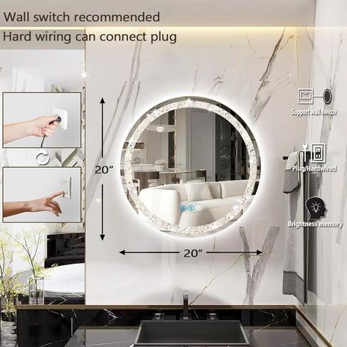 THEKLA 24 Inch Bathroom Crystal LED Round Mirror with Lights Memory 3 Color Dimmable Crystal AntiFog Round Lighted Vanity Mirror for Bathroom Wall 24" Diamond Circle Light up Vanity Mirror with Lights in Saudi Arabia