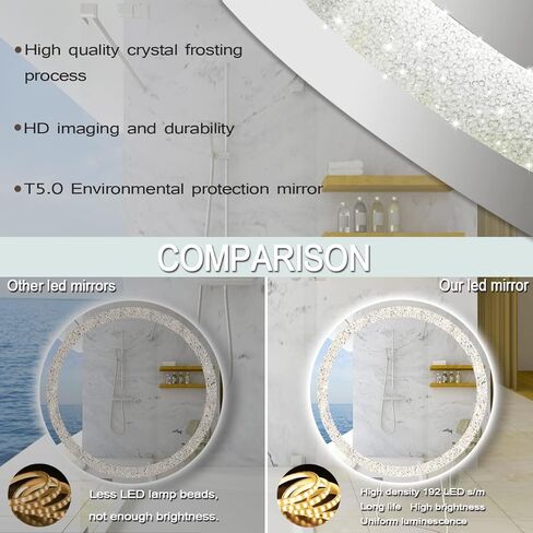 THEKLA 24 Inch Bathroom Crystal LED Round Mirror with Lights Memory 3 Color Dimmable Crystal AntiFog Round Lighted Vanity Mirror for Bathroom Wall 24" Diamond Circle Light up Vanity Mirror with Lights in Saudi Arabia