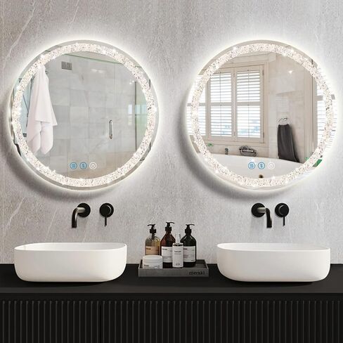 THEKLA 24 Inch Bathroom Crystal LED Round Mirror with Lights Memory 3 Color Dimmable Crystal AntiFog Round Lighted Vanity Mirror for Bathroom Wall 24" Diamond Circle Light up Vanity Mirror with Lights in Saudi Arabia