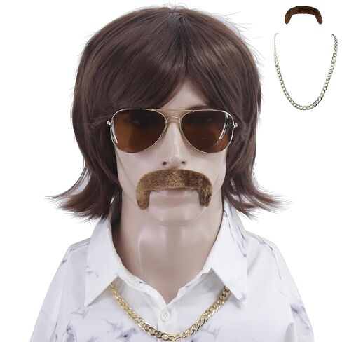 Cfalaicos 3-Pieces Chain and Moustache and Short Brown Costume Wig 60S 70S Mens Party Wig (Sonny Bono Short Brown) in Kuwait