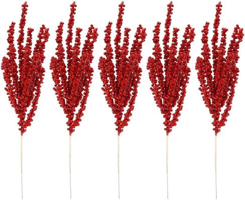 5Pcs 32 cm Multi Headed Clay Fruit Cuttings, Holly Berry Christmas Stems Artificial Long Berry Stems for Vase Holiday Home in Saudi Arabia