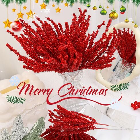 5Pcs 32 cm Multi Headed Clay Fruit Cuttings, Holly Berry Christmas Stems Artificial Long Berry Stems for Vase Holiday Home in Saudi Arabia