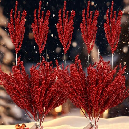 5Pcs 32 cm Multi Headed Clay Fruit Cuttings, Holly Berry Christmas Stems Artificial Long Berry Stems for Vase Holiday Home in Saudi Arabia