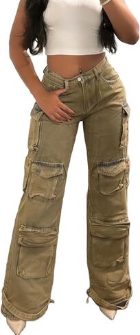 Vaceky Cargo Jeans Women High Waisted Straight Leg Baggy Y2K Denim Fall Winter Pants with Pockets Streetwear in Kuwait