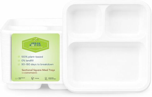 Urban Box Co. 3-Compartment Composatable Square Plates, Unique Design, Heavy-Duty Biodegradable Bagasse, PFAS-Free, BPI Certified Eco-Friendly Dinnerware for Parties & School Lunches, 100 Pack in Saudi Arabia