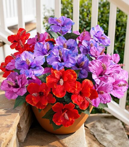 Artificial Flowers for Outdoors Faux Plants 4 Bundles Realistic Fake Hibiscus Tropical Flower UV Resistant Silk Flowers for Outside Planter Porch Patio Yard Garden Window Home Decoration, Mix in Saudi Arabia