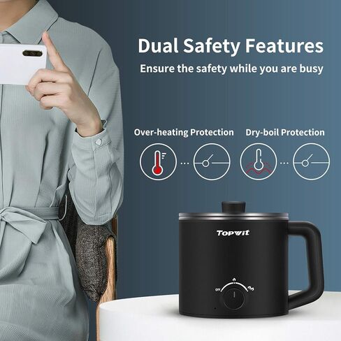 وعاء تسخين كهربائي من توبويت مع باخرة، طباخ رامين سعة 1.6 لتر، وعاء كهربائي للمعكرونة، شابو شابو، دقيق الشوفان، الحساء والبيض، طباخ محمول مع تحكم مزدوج في الطاقة، أساسيات غرفة النوم، أسود in Kuwait