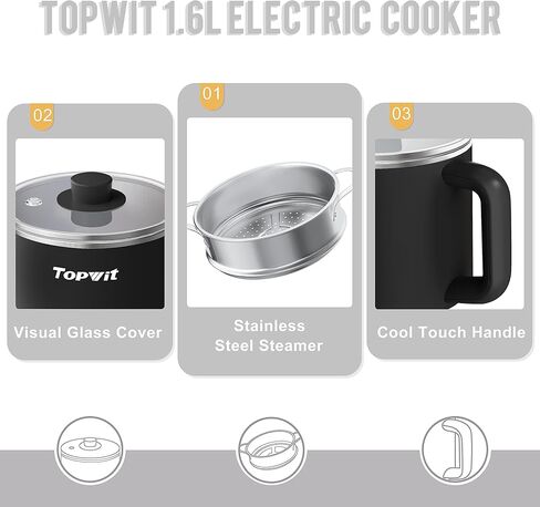 وعاء تسخين كهربائي من توبويت مع باخرة، طباخ رامين سعة 1.6 لتر، وعاء كهربائي للمعكرونة، شابو شابو، دقيق الشوفان، الحساء والبيض، طباخ محمول مع تحكم مزدوج في الطاقة، أساسيات غرفة النوم، أسود in Kuwait