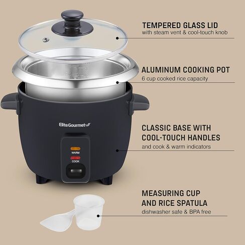 Elite Gourmet ERC003BX Electric Rice Cooker with Automatic Keep Warm Makes Soups, Stews, Grains, Hot Cereals, 6 Cups Cooked (3 Cups Uncooked), Black in Saudi Arabia