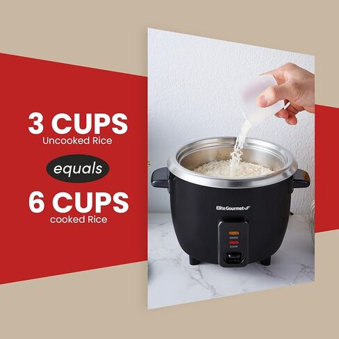 Elite Gourmet ERC003BX Electric Rice Cooker with Automatic Keep Warm Makes Soups, Stews, Grains, Hot Cereals, 6 Cups Cooked (3 Cups Uncooked), Black in Saudi Arabia