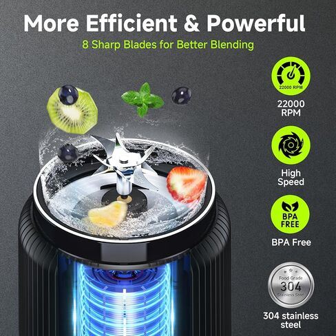 COKUNST Portable Blender, Small Smoothie & Shake Maker with 8 Blades, Compact Personal Blender with LED Display, USB C Rechargeable Juice Mixer with Extra Lid for Travel, Gym, Home, 17oz, Black in Kuwait