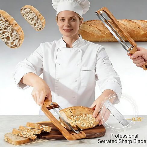 Adjustable Bread Slicer with Thickness Guide - Serrated Stainless Steel Blade, Manual Bow Cutter for Homemade Bread, Sourdough, Bagels and Baguettes, Ambidextrous & Ideal Gift for Bakers in Saudi Arabia