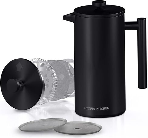Utopia Kitchen 304 Grade Stainless Steel French Press 34 Oz, Silver | Double Wall Insulated Coffee Press with 4-Level Filtration System, Include 2 Extra Filters, Rust-Free, Dishwasher Safe in Saudi Arabia