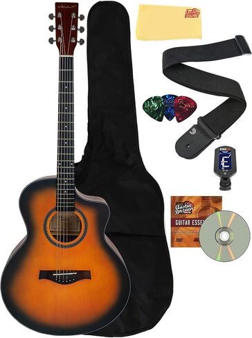 Vault EA-40 Left-Handed Full-Size Solid Spruce Top Cutaway Acoustic Guitar - Sunburst Bundle with Gig Bag, Tuner, Picks, Strap, and Polishing Cloth in Kuwait