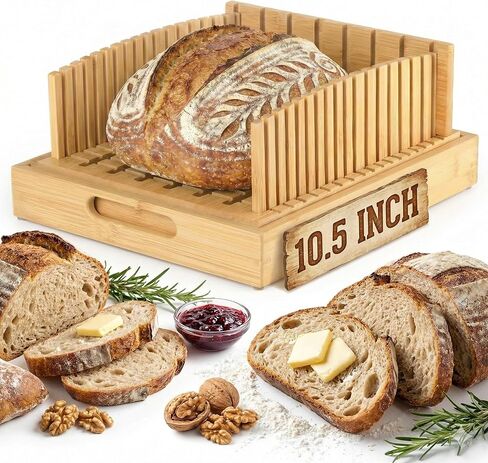 قطاعة الخبز للخبز محلي الصنع - هدايا مثالية للخبز في عيد الحب - قطاعة عجين مخمر قابلة للتعديل مقاس 10.5 بوصة مع صائد الفتات وصينية تقديم - دليل قطع الخبز الخشبي المستقر للمطبخ in Kuwait