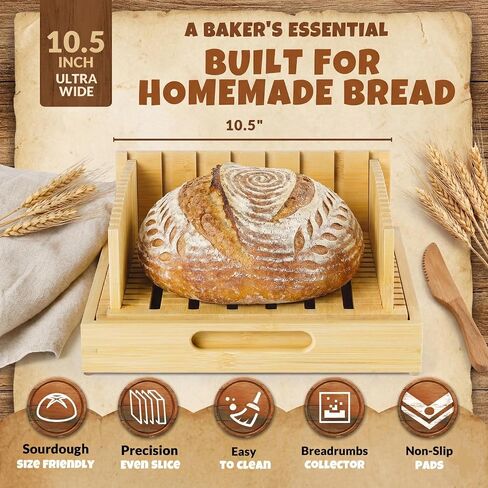 قطاعة الخبز للخبز محلي الصنع - هدايا مثالية للخبز في عيد الحب - قطاعة عجين مخمر قابلة للتعديل مقاس 10.5 بوصة مع صائد الفتات وصينية تقديم - دليل قطع الخبز الخشبي المستقر للمطبخ in Kuwait