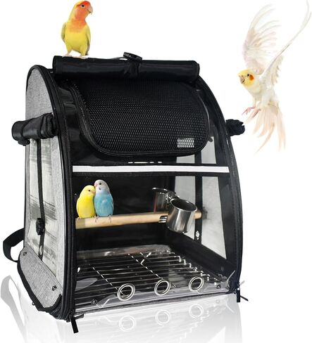 Bird Carrier Bag, Bird Travel Cage with Standing Perch and Indestructible Stainless Steel Mesh, Protable Transparent Breathable Carrier with Feeder Cups for Small Birds Parrot Parakeet, Grey in Saudi Arabia