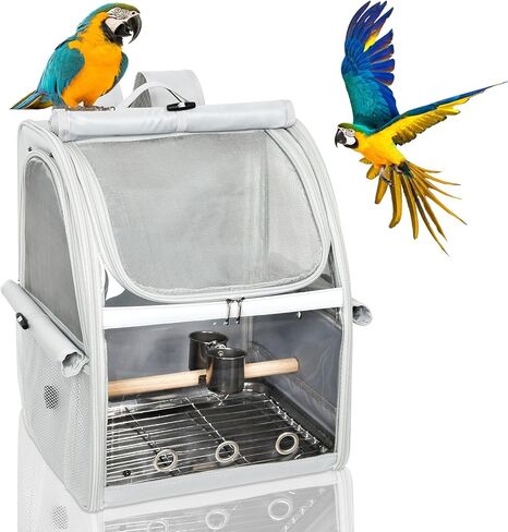 Bird Carrier Bag, Bird Travel Cage with Standing Perch and Indestructible Stainless Steel Mesh, Protable Transparent Breathable Carrier with Feeder Cups for Small Birds Parrot Parakeet, Grey in Saudi Arabia