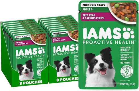 طعام الكلاب الرطبة الصحية الاستباقية من IAMS، وصفة لحم البقر والبازلاء والجزر، 3.5 أونصة. الحقيبة (16 قطعة، عبوة من قطعة واحدة) in Kuwait