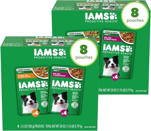 طعام الكلاب الرطبة الصحية الاستباقية من IAMS، وصفة لحم البقر والبازلاء والجزر، 3.5 أونصة. الحقيبة (16 قطعة، عبوة من قطعة واحدة) in Kuwait