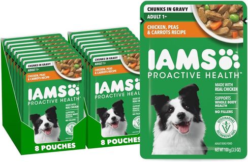طعام الكلاب الرطبة الصحية الاستباقية من IAMS، وصفة لحم البقر والبازلاء والجزر، 3.5 أونصة. الحقيبة (16 قطعة، عبوة من قطعة واحدة) in Kuwait