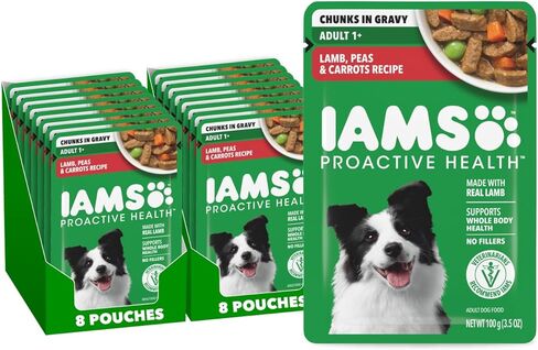 طعام الكلاب الرطبة الصحية الاستباقية من IAMS، وصفة لحم البقر والبازلاء والجزر، 3.5 أونصة. الحقيبة (16 قطعة، عبوة من قطعة واحدة) in Kuwait