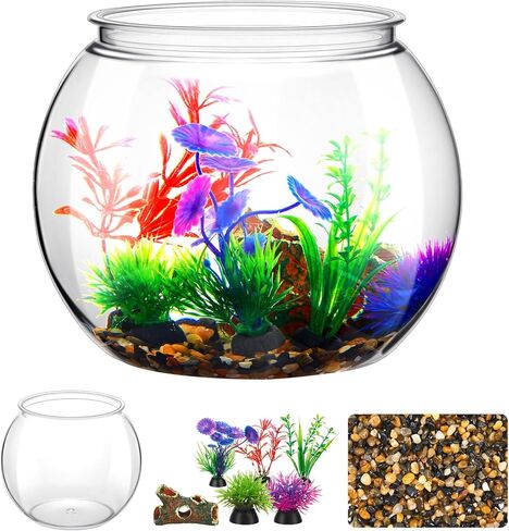 1 Gallon Plastic Betta Fish Bowl with 6 Pcs Artificial Plastic Plants and 500g Decorative Gravel, Betta Fish Tank and Decoration Accessories Small Large Bowl Ornaments Starter Kit in Saudi Arabia