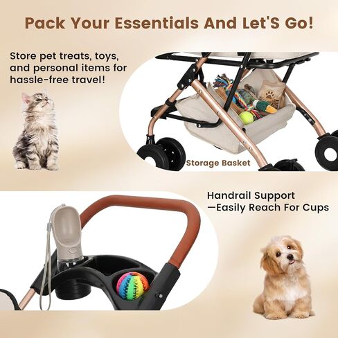 عربة كلب للكلاب والقطط الصغيرة والمتوسطة، عربة أطفال قابلة للطي تحمل ما يصل إلى 44 رطلاً، عربة كلب مع سلة تخزين وحاملات أكواب، بالإضافة إلى حامل حيوانات أليفة محمول قابل للإزالة in Kuwait