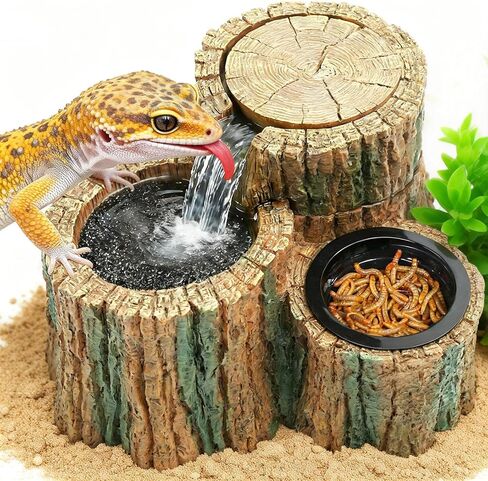 MIXJOY 2 in 1 Reptile Water Fountain with Food Dish 550ML, Reptile Waterfall Drinking Fountain with Adjustable Flow, Natural Resin, Reptile Water Dispenser for Bearded Dragon Gecko Lizard Chameleon in Saudi Arabia