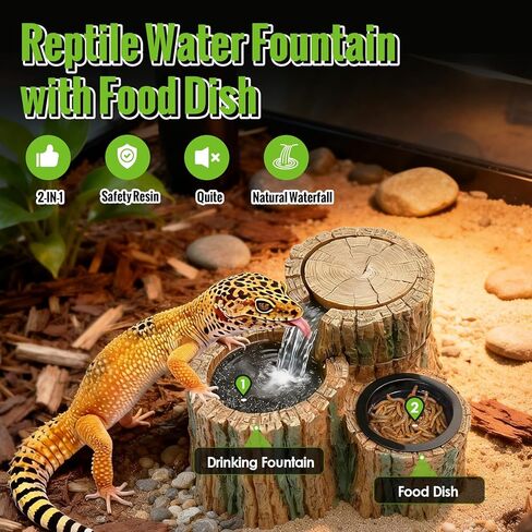 MIXJOY 2 in 1 Reptile Water Fountain with Food Dish 550ML, Reptile Waterfall Drinking Fountain with Adjustable Flow, Natural Resin, Reptile Water Dispenser for Bearded Dragon Gecko Lizard Chameleon in Saudi Arabia