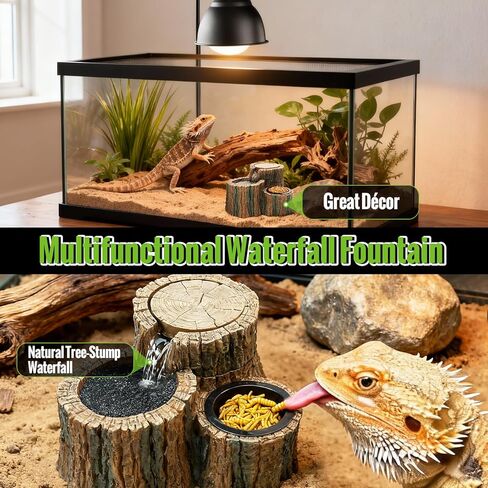 MIXJOY 2 in 1 Reptile Water Fountain with Food Dish 550ML, Reptile Waterfall Drinking Fountain with Adjustable Flow, Natural Resin, Reptile Water Dispenser for Bearded Dragon Gecko Lizard Chameleon in Saudi Arabia
