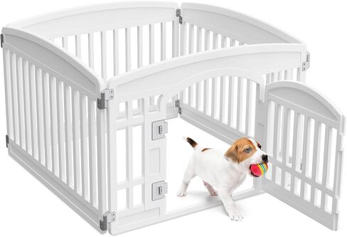NEWBULIG Dog Playpen 4-Panel، 24IN جرو روضة، قلم لعب للكلاب مستقر في الداخل / في الهواء الطلق مع باب قفل آمن، سياج بلاستيكي للحيوانات الأليفة للكلاب الصغيرة والمتوسطة in Kuwait