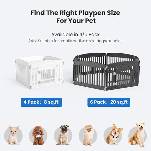 NEWBULIG Dog Playpen 4-Panel، 24IN جرو روضة، قلم لعب للكلاب مستقر في الداخل / في الهواء الطلق مع باب قفل آمن، سياج بلاستيكي للحيوانات الأليفة للكلاب الصغيرة والمتوسطة in Kuwait