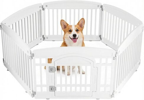 NEWBULIG Dog Playpen 4-Panel، 24IN جرو روضة، قلم لعب للكلاب مستقر في الداخل / في الهواء الطلق مع باب قفل آمن، سياج بلاستيكي للحيوانات الأليفة للكلاب الصغيرة والمتوسطة in Kuwait