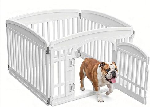 NEWBULIG Dog Playpen 4-Panel، 24IN جرو روضة، قلم لعب للكلاب مستقر في الداخل / في الهواء الطلق مع باب قفل آمن، سياج بلاستيكي للحيوانات الأليفة للكلاب الصغيرة والمتوسطة in Kuwait