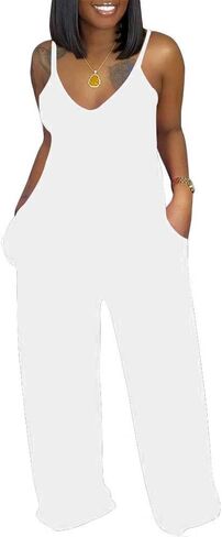 TOPSRANI Women Casual Jumpsuits One Piece Outfits Cute Rompers Sleeveless Spaghetti Strap Loose Wide Leg Pants with Pockets in Kuwait