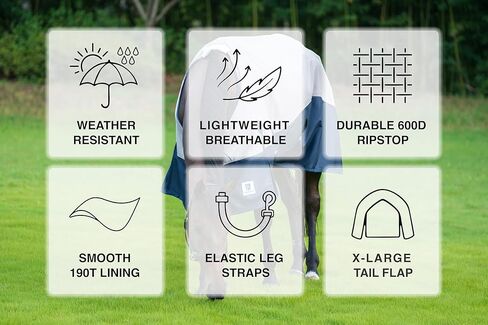 Horse Turnout Rain Sheet | 600 Denier Ripstop Turnout Blanket No Fill (0g) | Waterproof Lightweight Breathable | Tear-Resistant Outer & Rub-Free Silky Inner | Grey/Navy - 78 in in Saudi Arabia