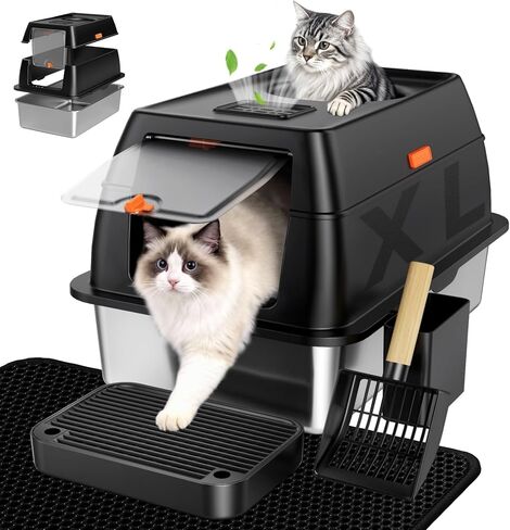 Extra Large Stainless Steel Litter Box with Lid, High Sided Enclosed Metal Cat Litter Pan, Dog Proof Front Entry Top Exit, Odor Control Easy Clean Leak Proof, Includes Mat, Scoop & Step, Black in Kuwait