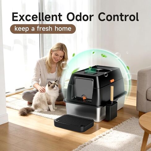 Extra Large Stainless Steel Litter Box with Lid, High Sided Enclosed Metal Cat Litter Pan, Dog Proof Front Entry Top Exit, Odor Control Easy Clean Leak Proof, Includes Mat, Scoop & Step, Black in Kuwait