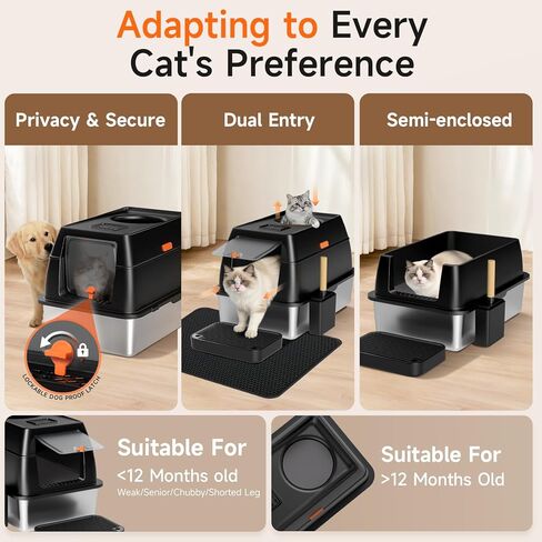 Extra Large Stainless Steel Litter Box with Lid, High Sided Enclosed Metal Cat Litter Pan, Dog Proof Front Entry Top Exit, Odor Control Easy Clean Leak Proof, Includes Mat, Scoop & Step, Black in Kuwait